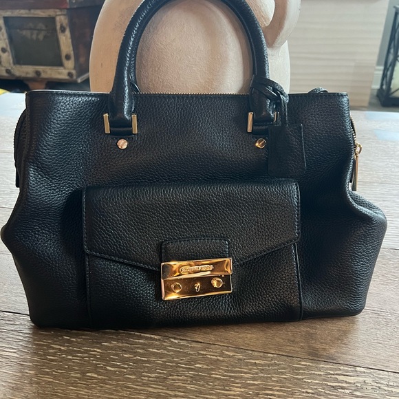 Michael Kors Handbags - Michael Kors Haley Black Pebbled Leather Satchel with Gold Hardware
